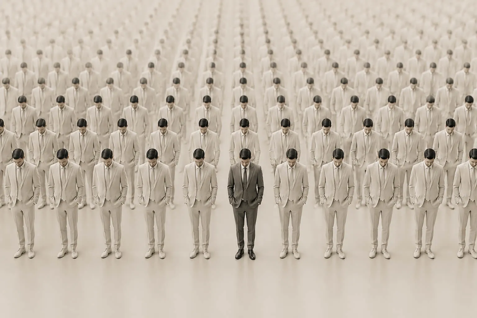 A minimalist poster with a repeated crowd of similar figures and one subtly different figure, illustrating whether a better message still stands out when everyone has one.