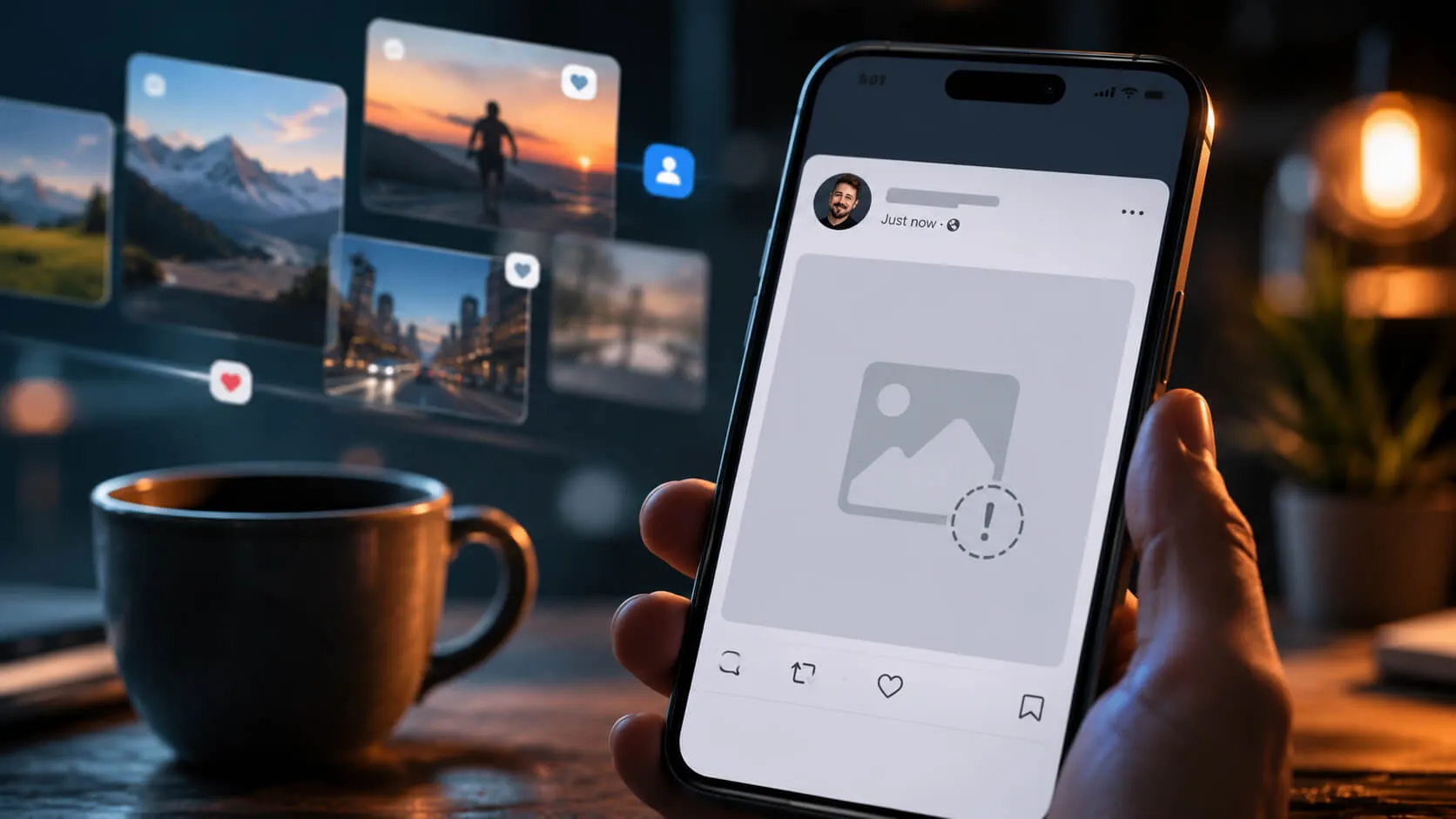 A smartphone showing a social media post with a missing image placeholder, surrounded by blurred photo cards in a moody low-light workspace.